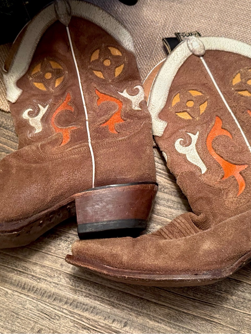 Women’s Justin Brown Suede Cowboy Boots with Orange, Yellow, Cream Embroidery 7